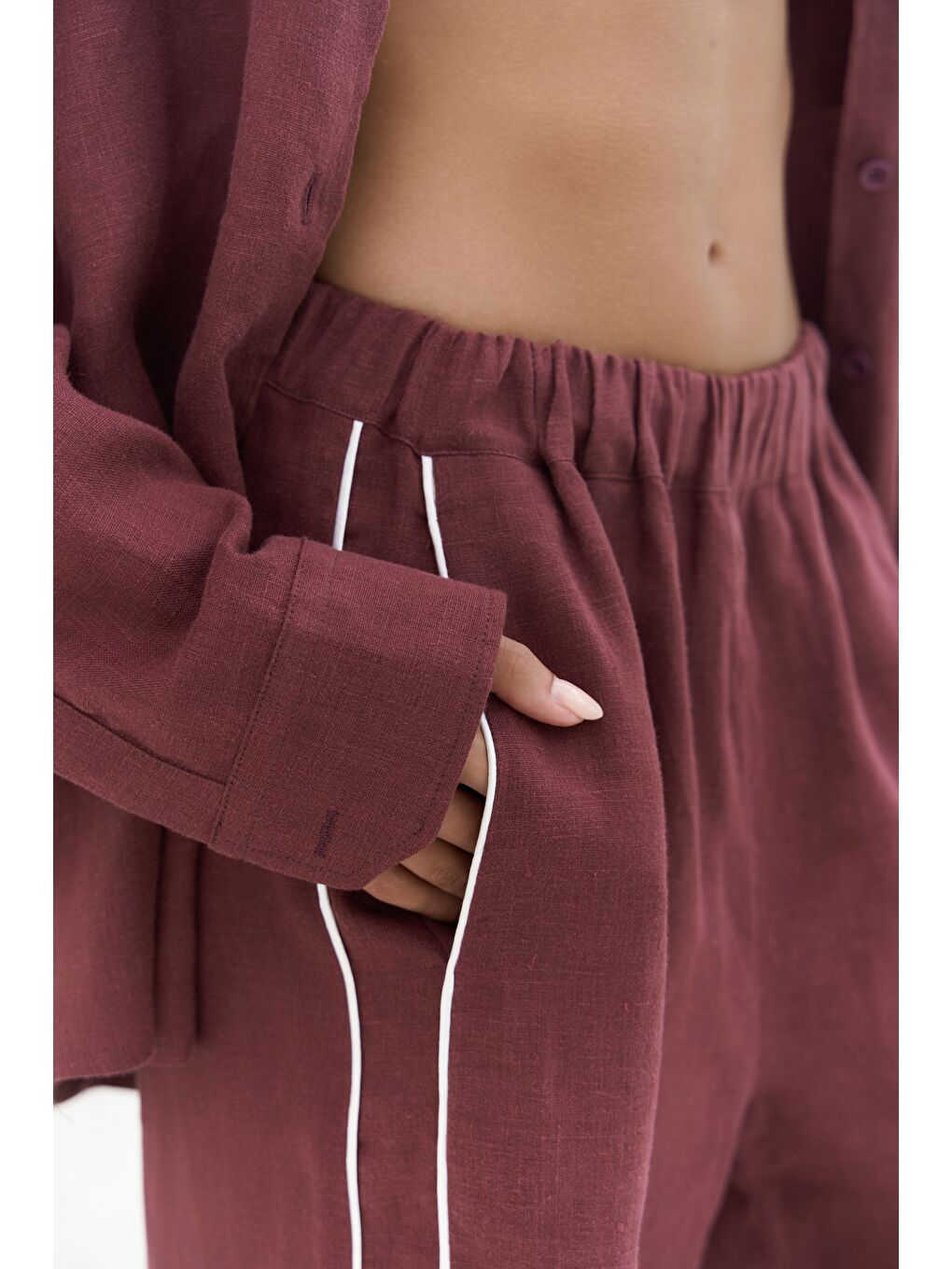 Orchidea Oversize Bordo Keten Gömlek Takım-2