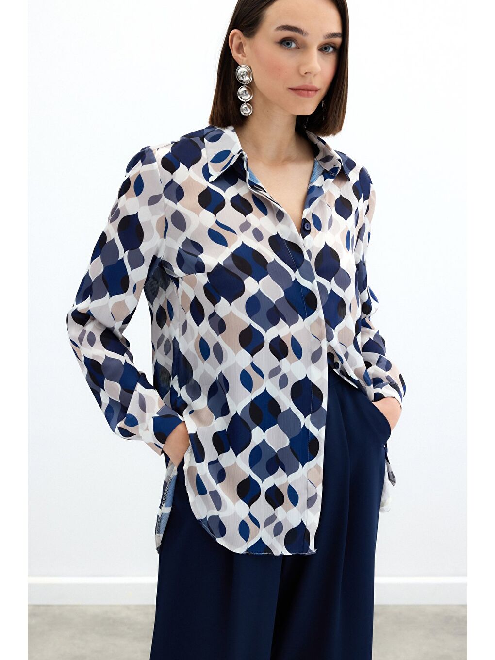 Desenli Klasik Gömlek - Lacivert-1