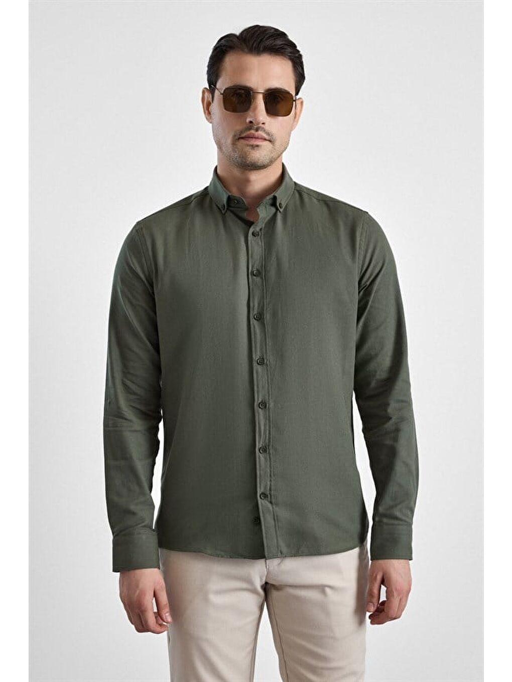 Koyu Yeşil Slim Düğmeli Yaka Düz Casual Gömlek