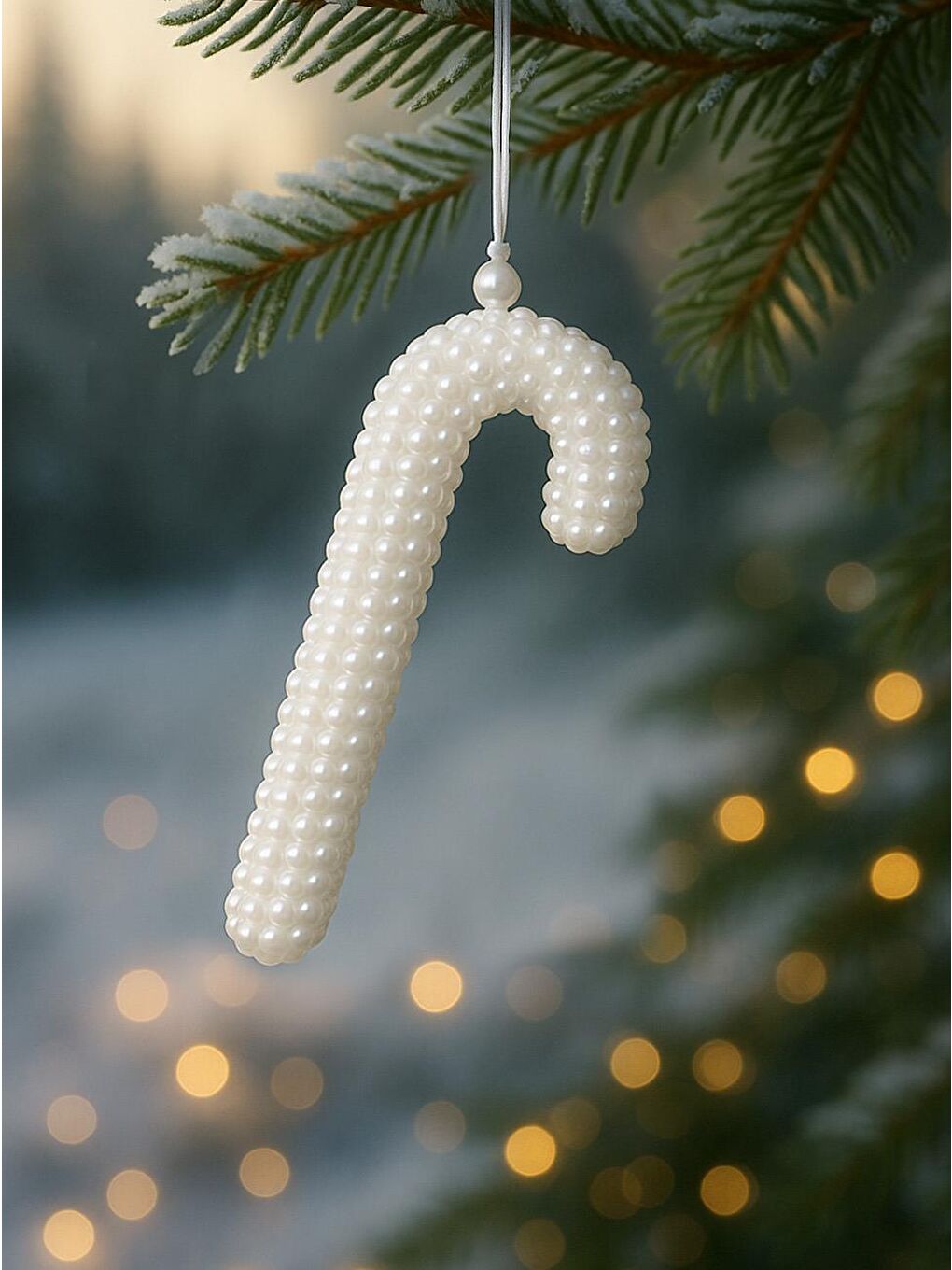 Yılbaşı Ağaç Süsü İnci Kaplama Baston Şeker Dekoratif Asılabilir Süs Beyaz 17 cm