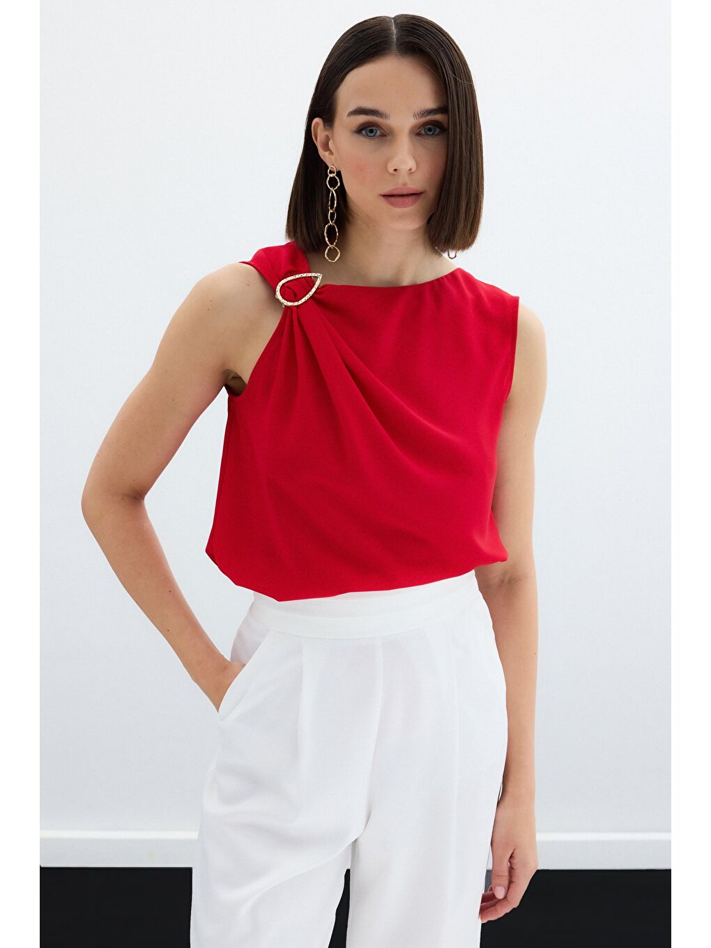 Tek Omuz Detaylı Bluz - Kırmızı-1