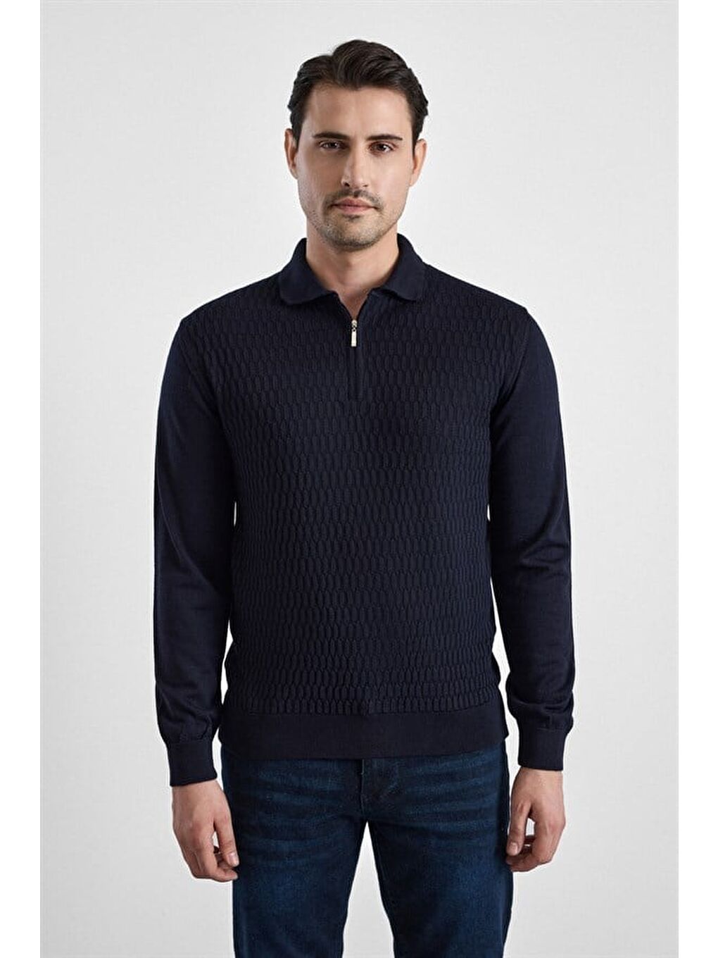 Lacivert Regular Fermuarlı Polo Yaka Kazak