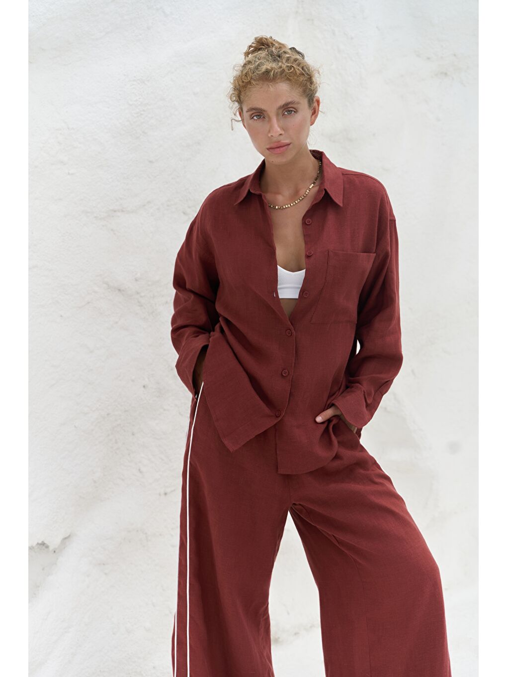 Kahverengi Orchidea Oversize Kiremit Keten Gömlek Takım
