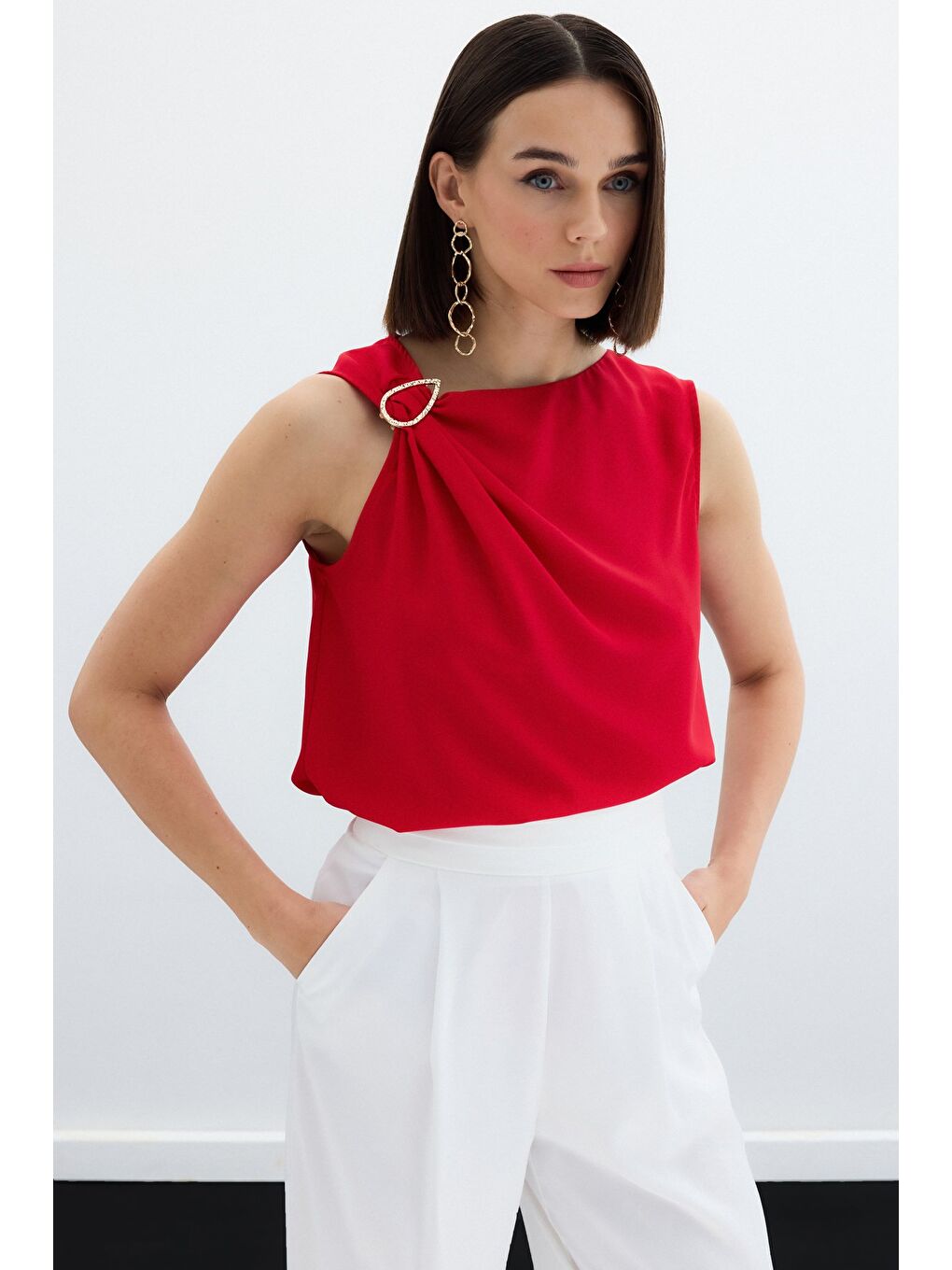 Tek Omuz Detaylı Bluz - Kırmızı-2