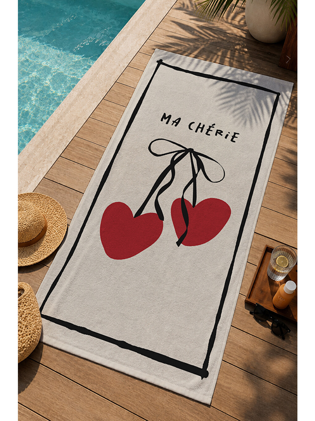 Ekru Krem Ma Cherie Kiraz Çizim Desenli 70x150 Cm Dijital Baskılı Plaj Ve Banyo Havlusu-2