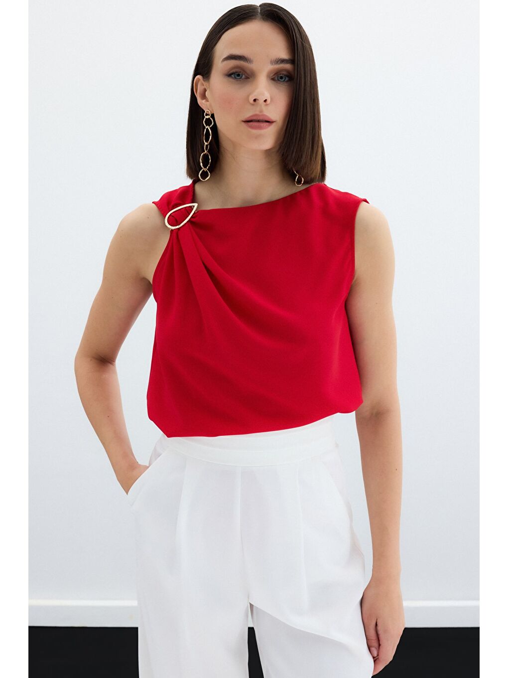 Tek Omuz Detaylı Bluz - Kırmızı-4