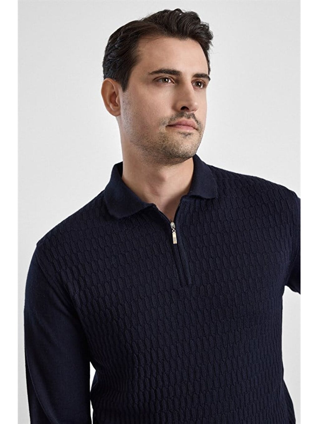 Lacivert Regular Fermuarlı Polo Yaka Kazak-1