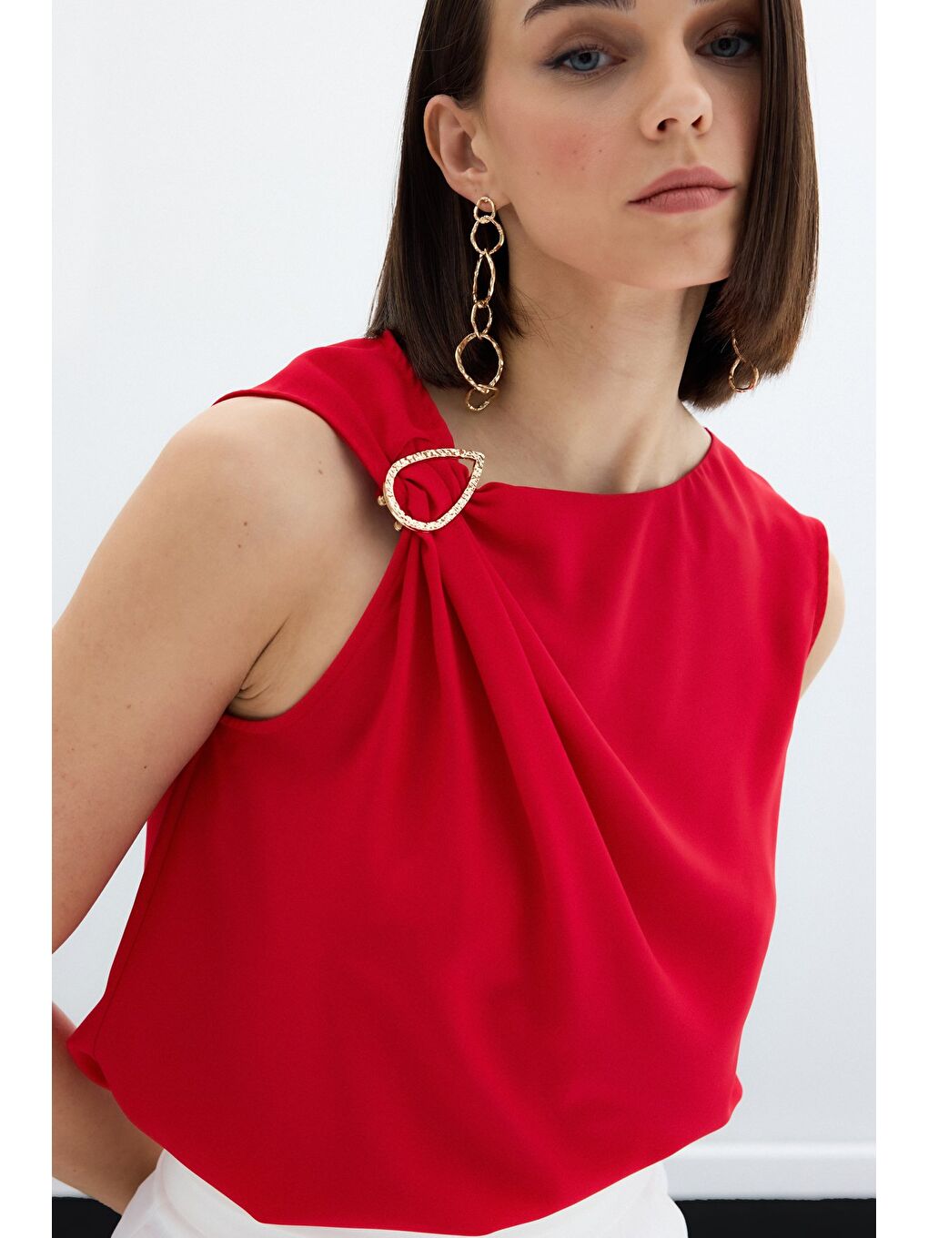 Tek Omuz Detaylı Bluz - Kırmızı-5
