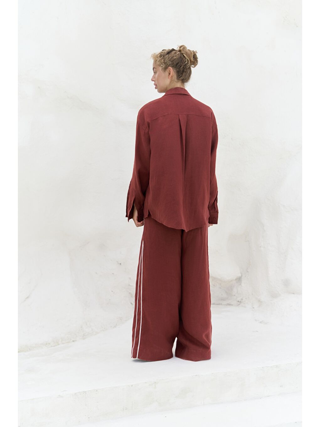 Kahverengi Orchidea Oversize Kiremit Keten Gömlek Takım-3