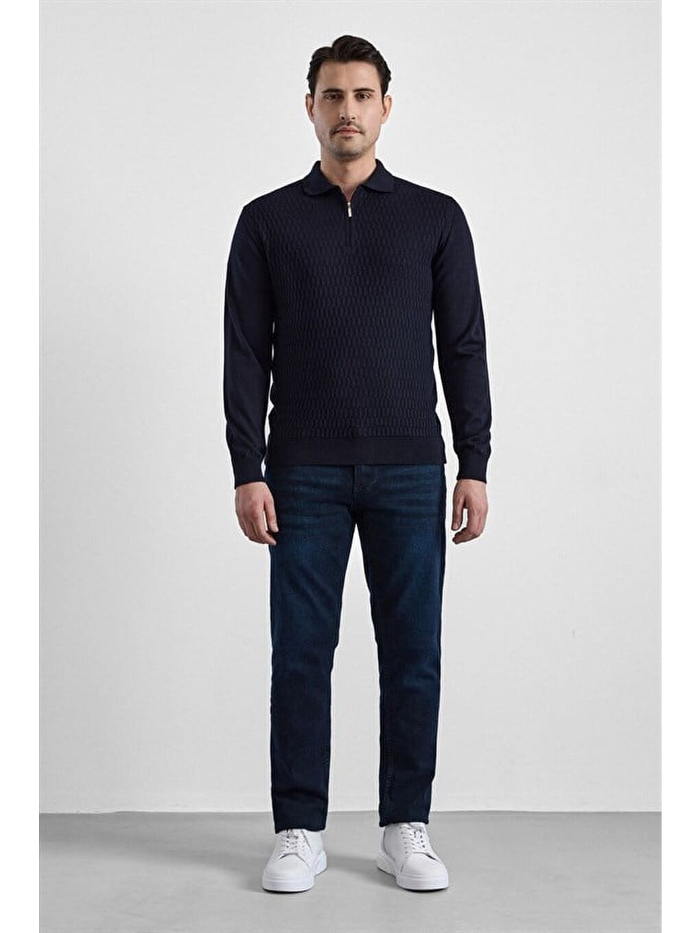 Lacivert Regular Fermuarlı Polo Yaka Kazak-2