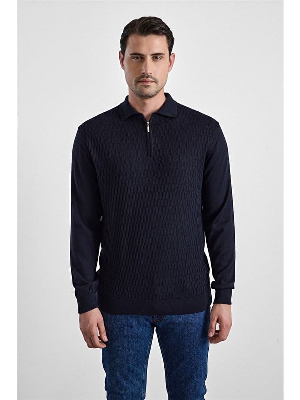 Siyah Regular Fermuarlı Polo Yaka Kazak