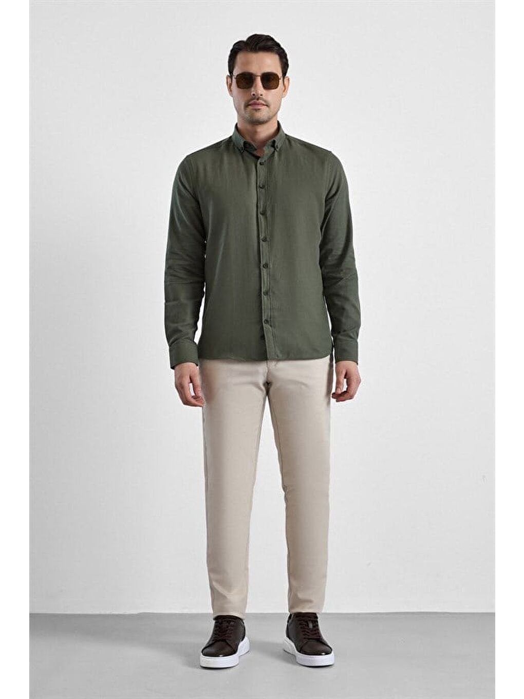 Koyu Yeşil Slim Düğmeli Yaka Düz Casual Gömlek-6