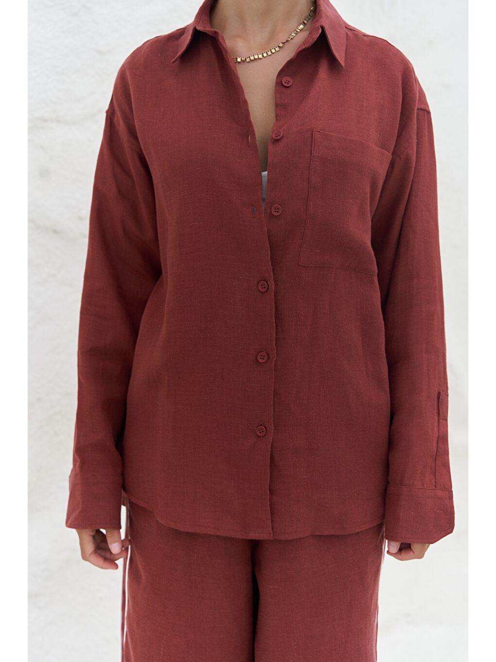 Kahverengi Orchidea Oversize Kiremit Keten Gömlek Takım-1