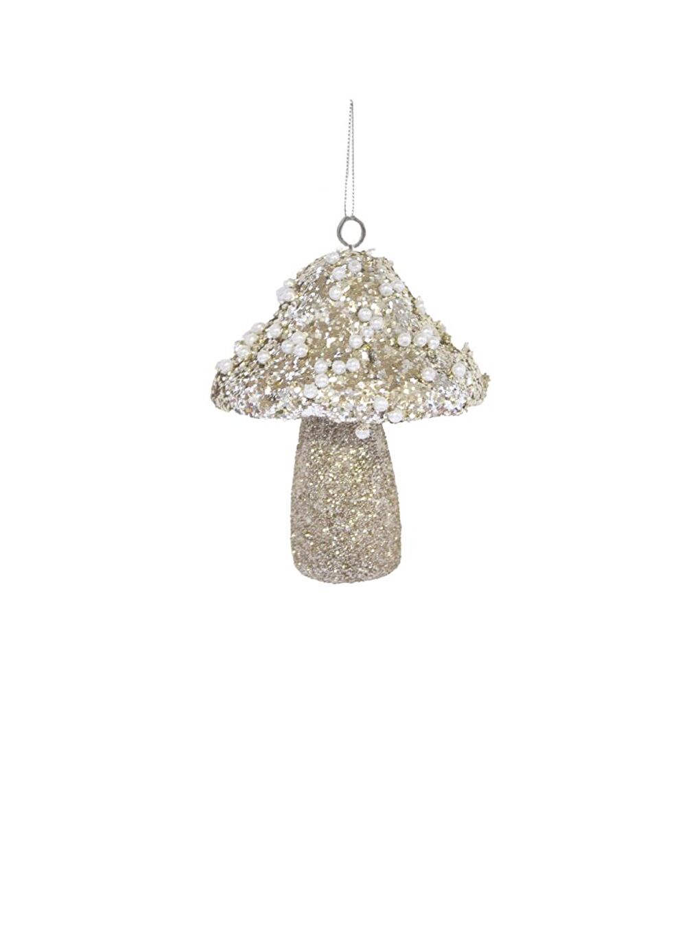 Kahverengi Yılbaşı Ağaç Süsü Mantar Figürlü Asılabilir İnci Detaylı Simli Dekoratif Süs Açık Krem 10 cm-1