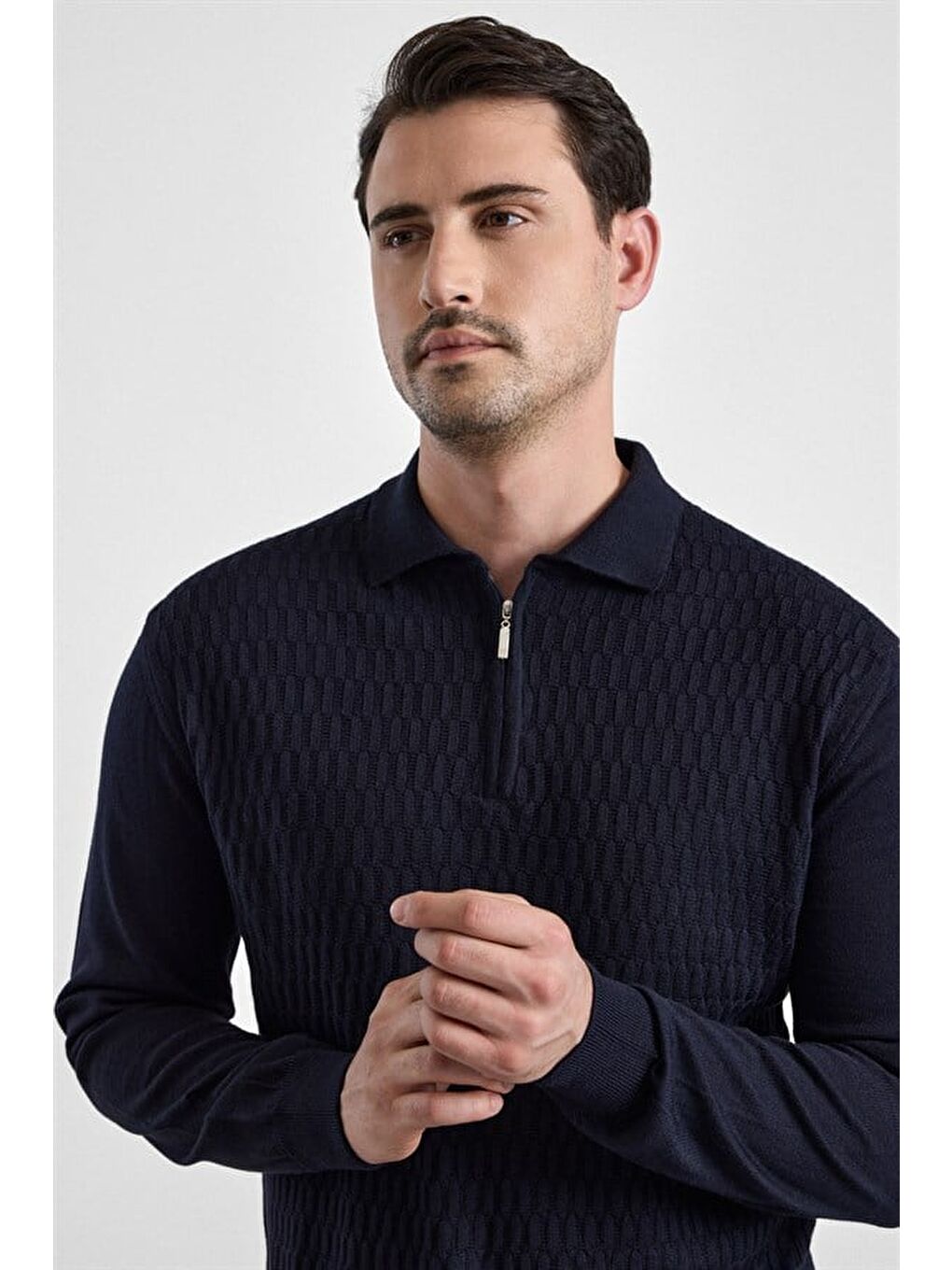 Siyah Regular Fermuarlı Polo Yaka Kazak-1