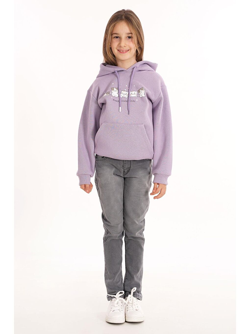 Kedi Baskılı Kanguru Cepli Toz Lila Renk Kız Çocuk Kapüşonlu Sweat