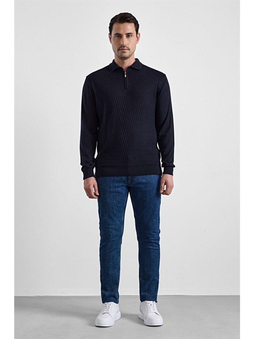 Siyah Regular Fermuarlı Polo Yaka Kazak-3