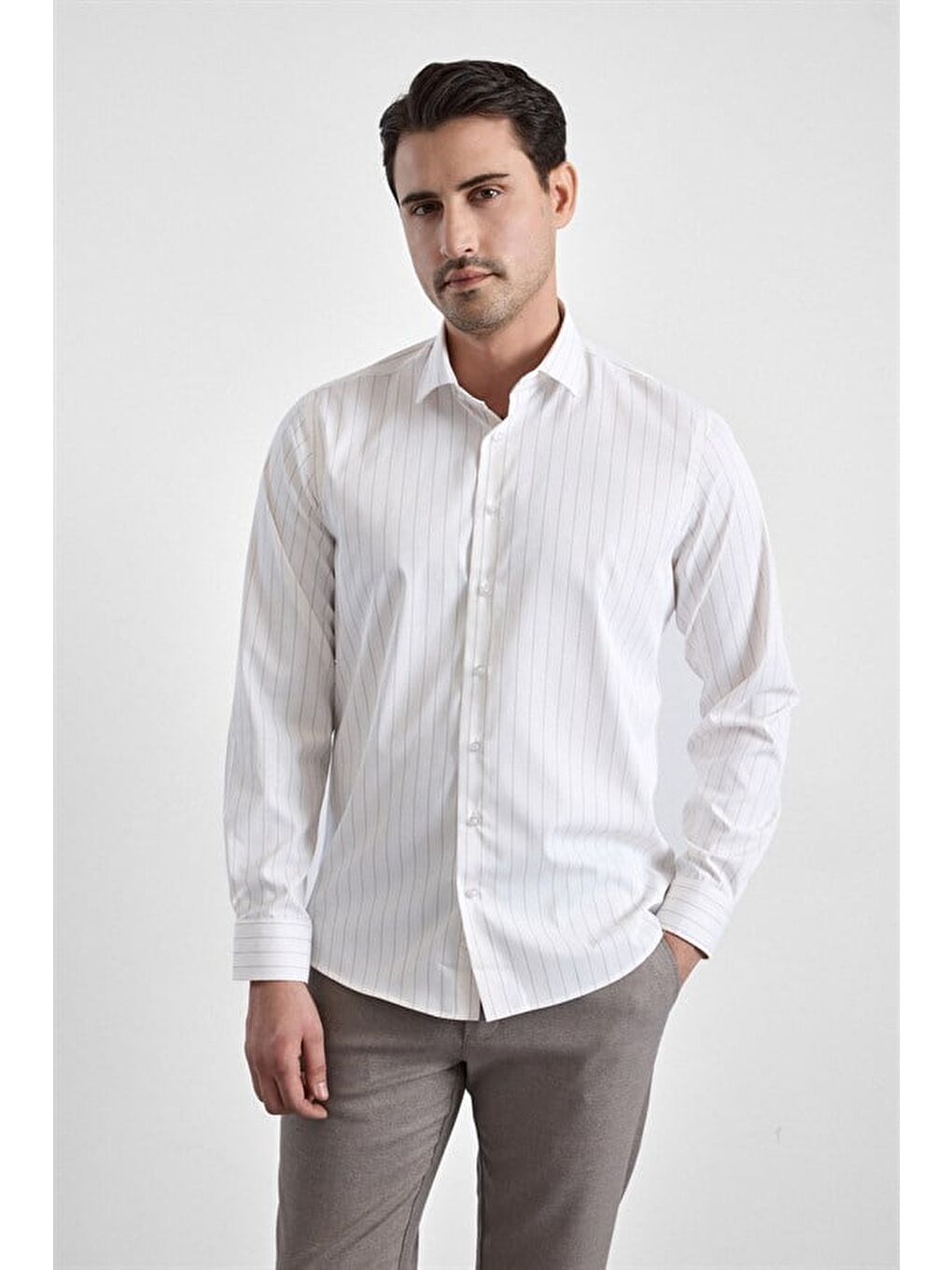 Bej Slim Klasik Yaka Casual Gömlek-1