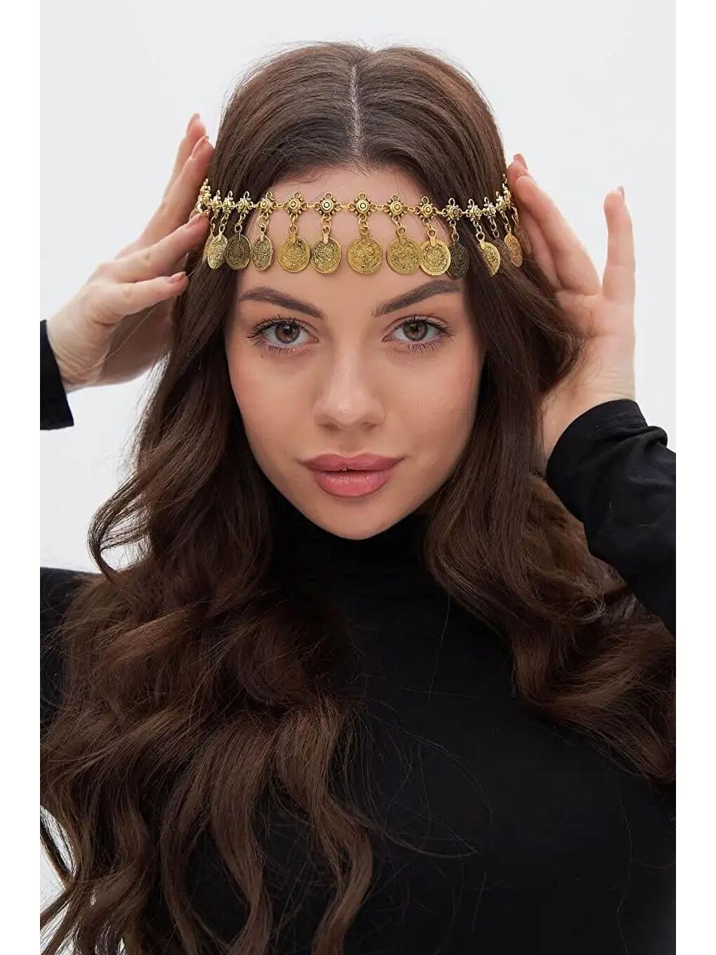 Sarı Antik Para Madalyon Sallantılı Sahab Alınlık Saç Aksesuarı-1