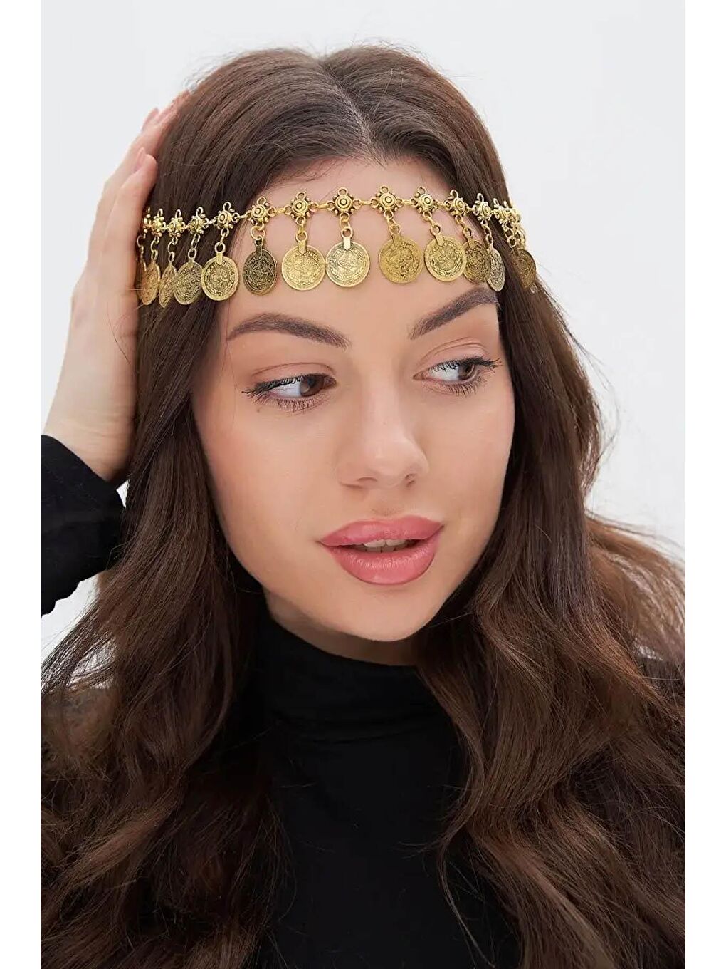Sarı Antik Para Madalyon Sallantılı Sahab Alınlık Saç Aksesuarı-2