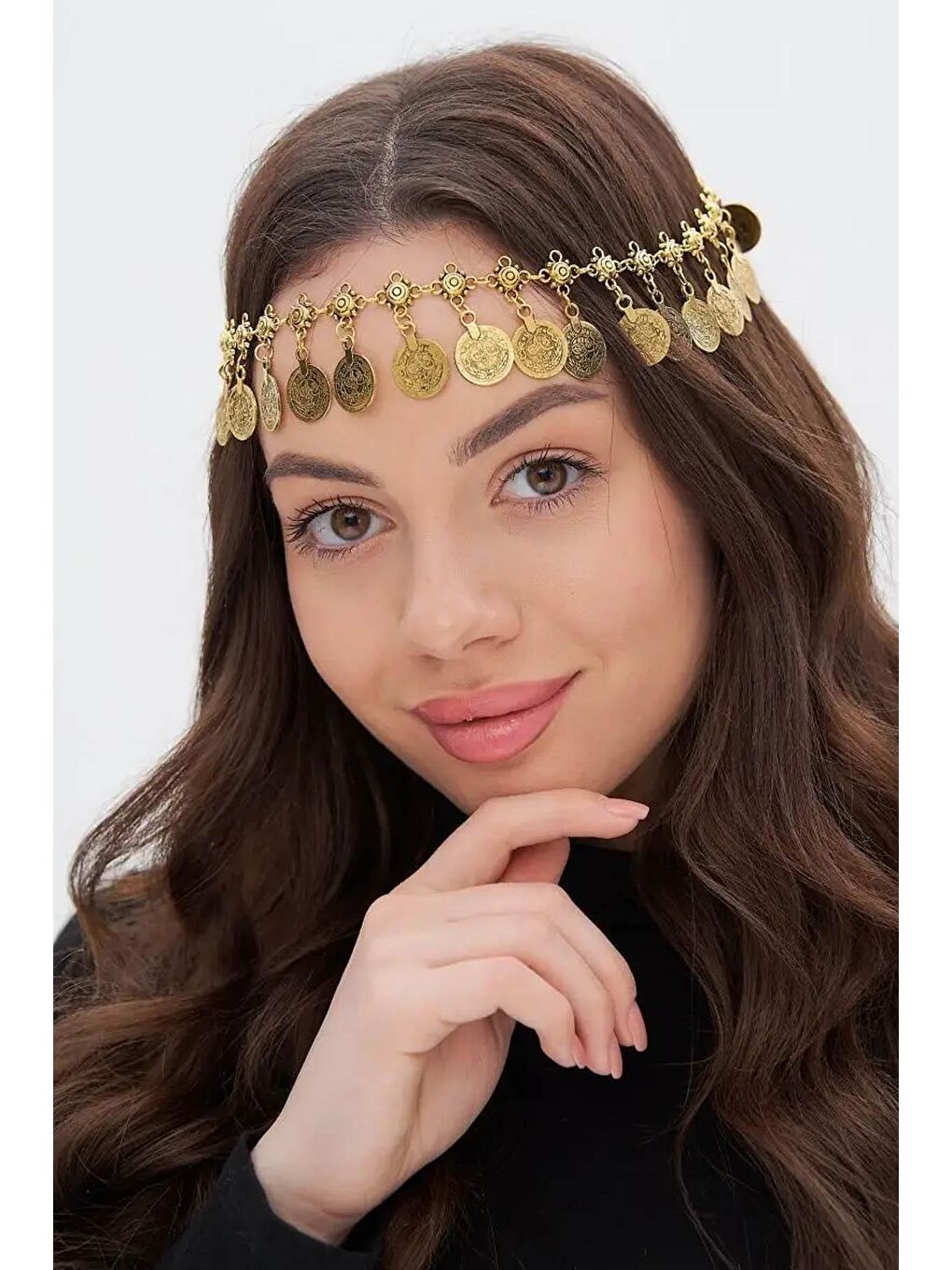 Sarı Antik Para Madalyon Sallantılı Sahab Alınlık Saç Aksesuarı-3