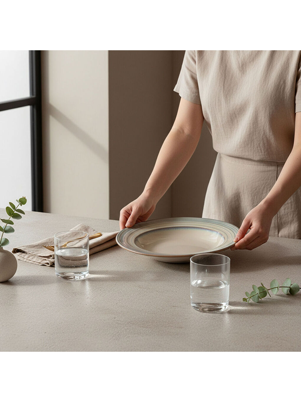 Ekru Valeron 6 Adet 22 Cm Çukur Yemek Tabağı Reaktif Agate 969