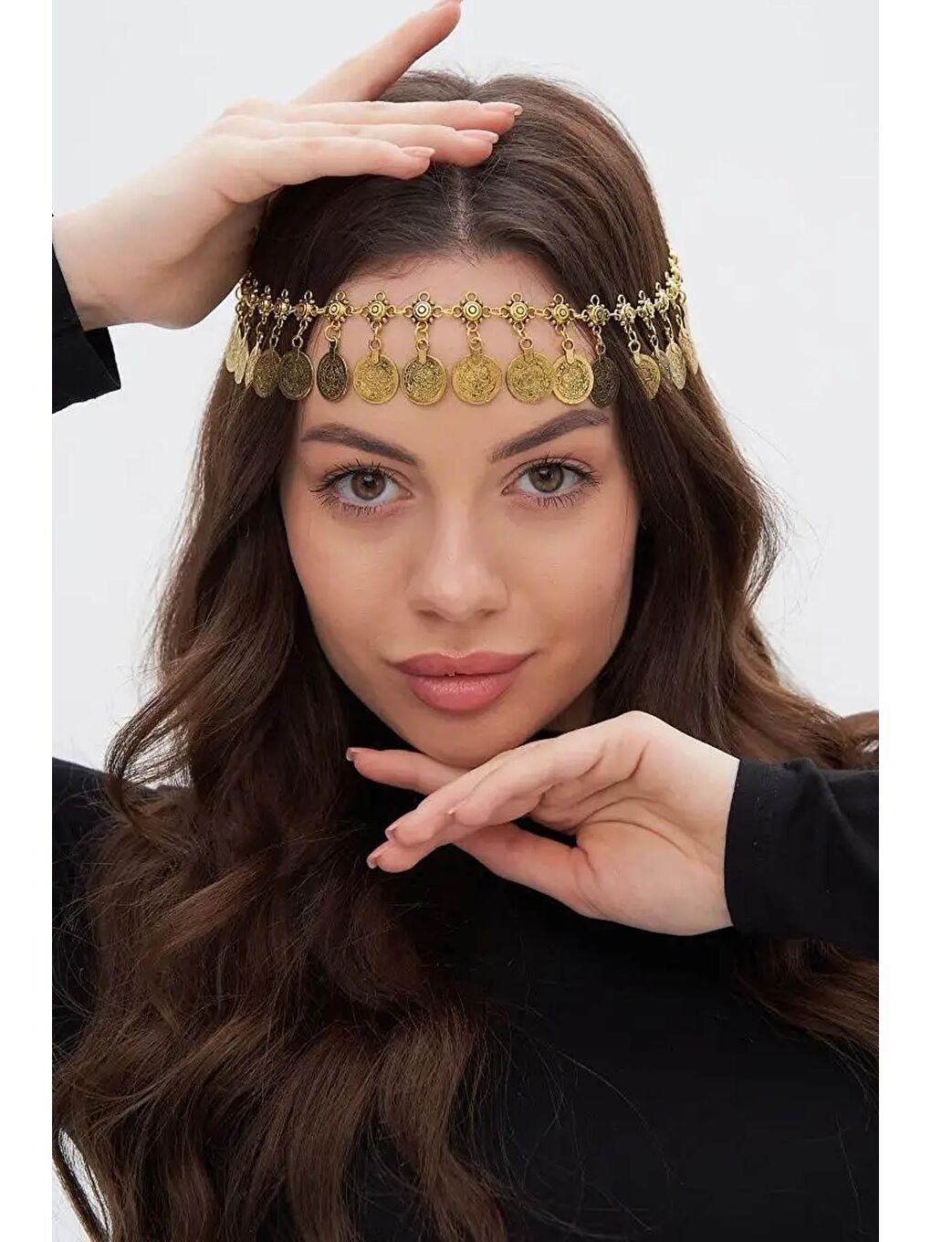 Sarı Antik Para Madalyon Sallantılı Sahab Alınlık Saç Aksesuarı-4