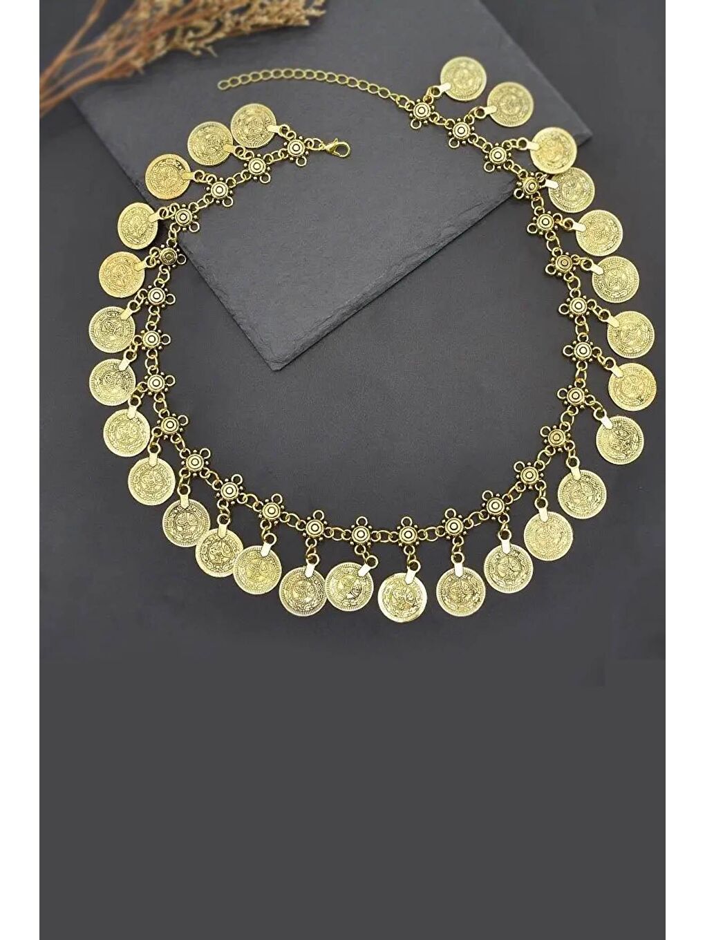 Sarı Antik Para Madalyon Sallantılı Sahab Alınlık Saç Aksesuarı-6