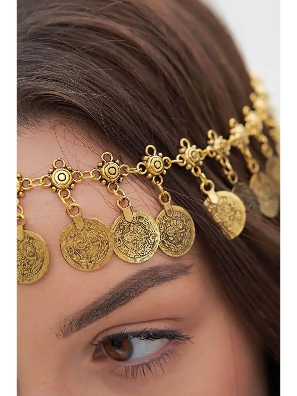 Sarı Antik Para Madalyon Sallantılı Sahab Alınlık Saç Aksesuarı-7
