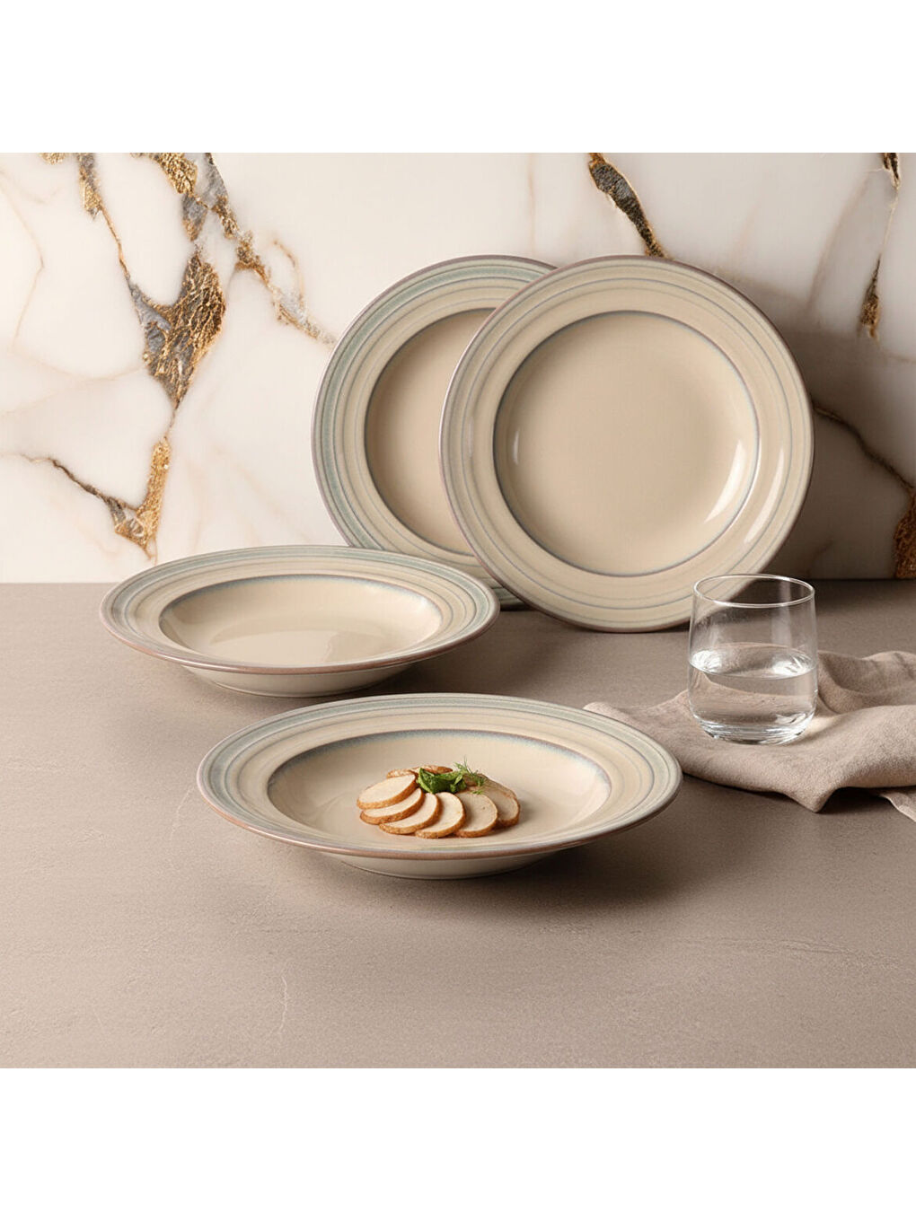 Ekru Valeron 6 Adet 22 Cm Çukur Yemek Tabağı Reaktif Agate 969-2