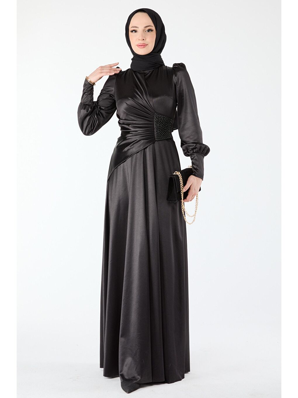 Orta Kadın Siyah Beli Taş Detay Uzun Kol Saten Abiye Elibise - 24410