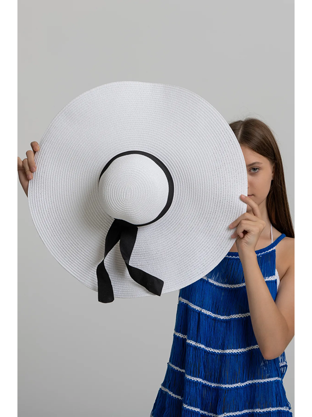 Beyaz Kurdelalı Ekstra Geniş Hasır Şapka HSR2039-2