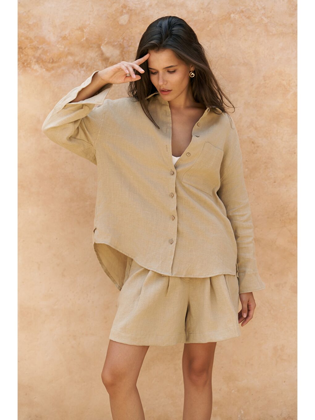 Gaelil Oversize Haki Keten Gömlek Şort Takım-1