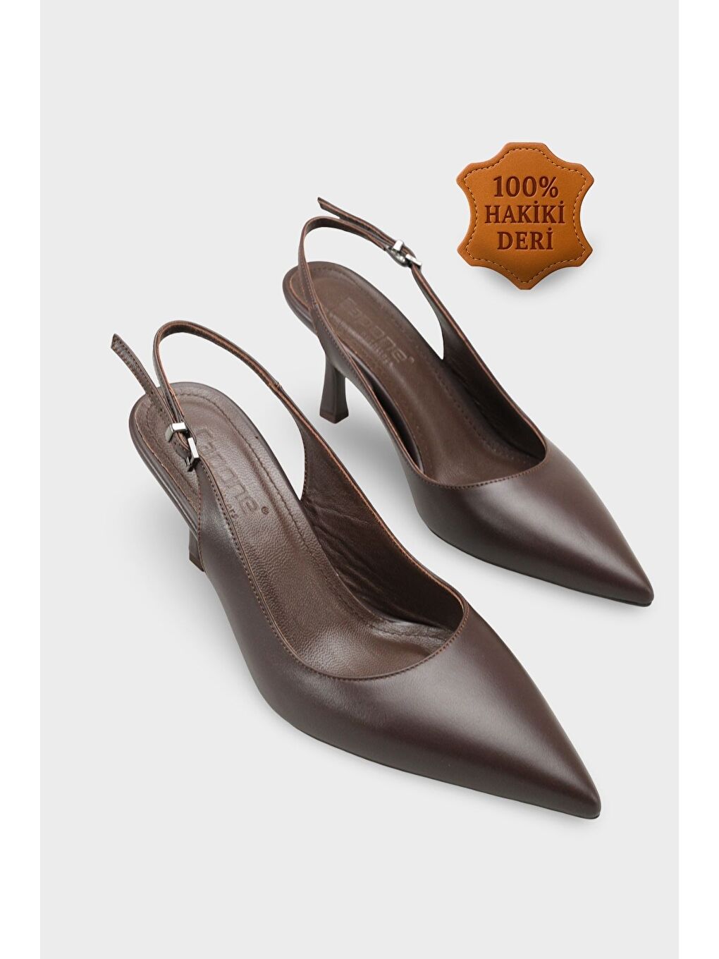 Kahverengi Steffi Hakiki Deri Sivri Burunlu Orta Topuklu Yandan Tokalı Arkası Açık Kadın Ayakkabı-1