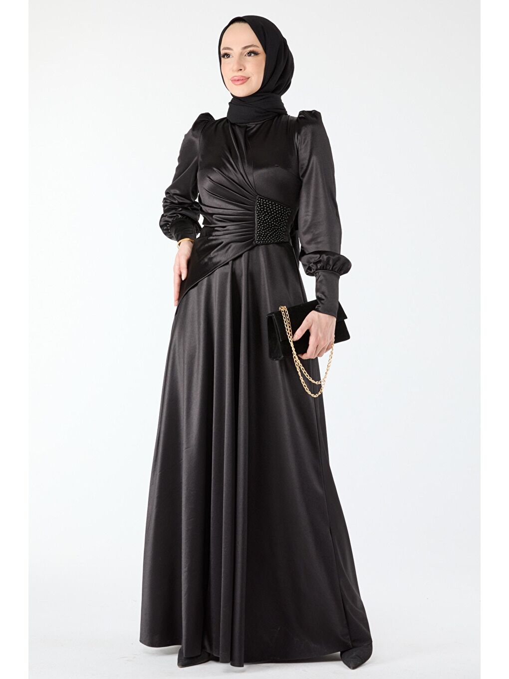 Orta Kadın Siyah Beli Taş Detay Uzun Kol Saten Abiye Elibise - 24410-1