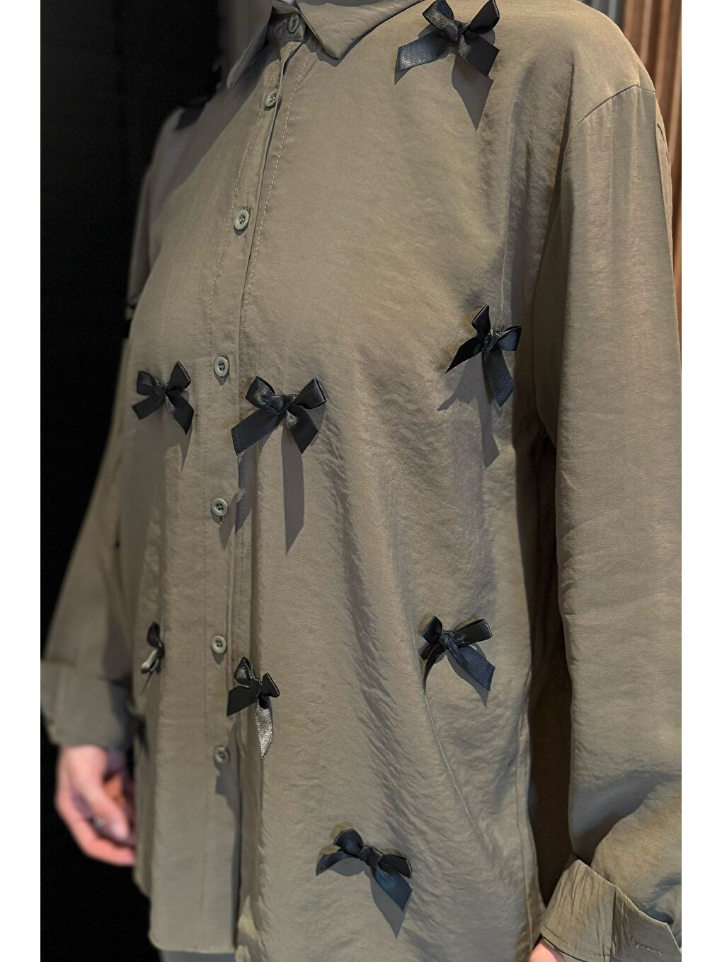 Haki Kadın Fiyonk Detaylı Tesettür Gömlek Pantolon İkili Takım-5