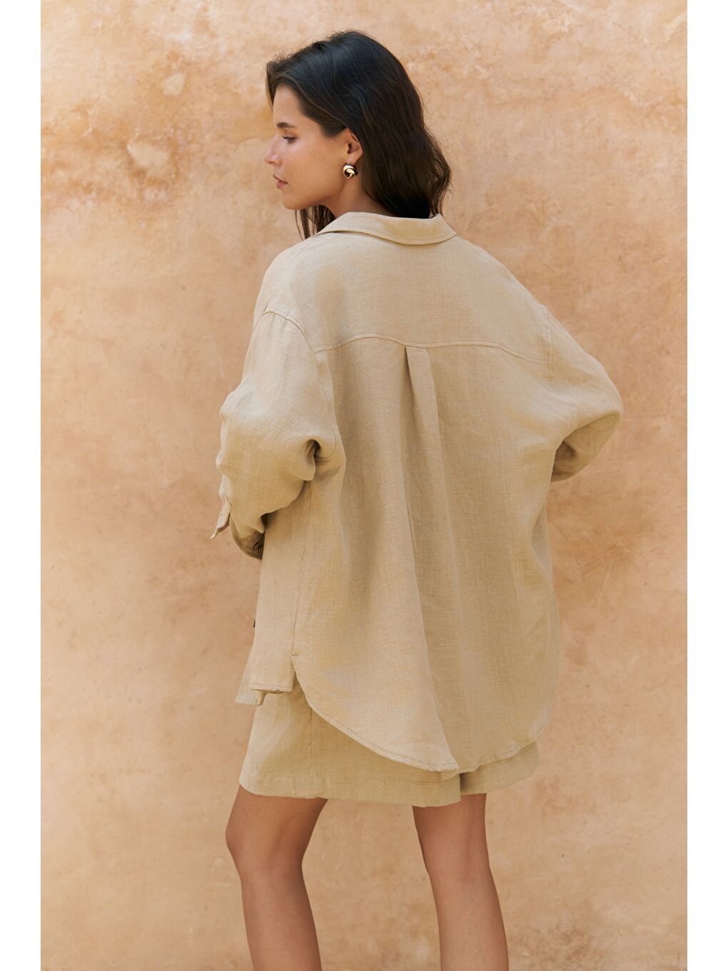 Gaelil Oversize Haki Keten Gömlek Şort Takım-2