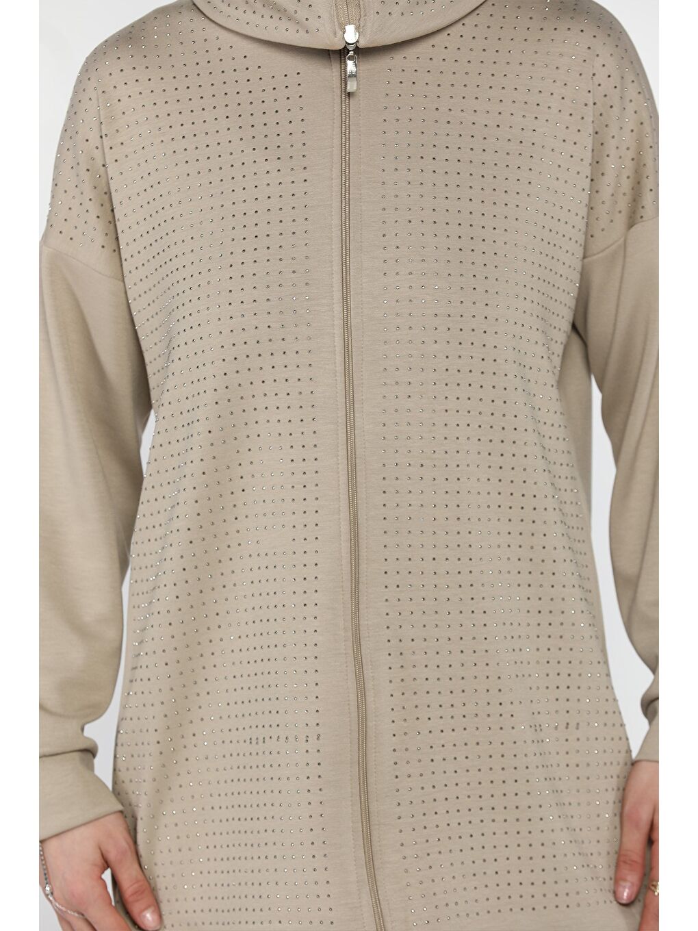 Bej Taş Detaylı Fermuarlı Büyük Beden Tesettür Hırka Pantolon İkili Takım-7