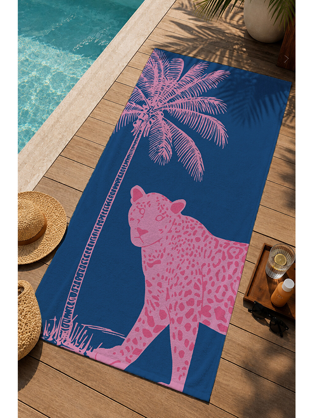 Lacivert Pembe Palmiye Silüet Desenli 70x150 Cm Dijital Baskılı Plaj Ve Banyo Havlusu-2