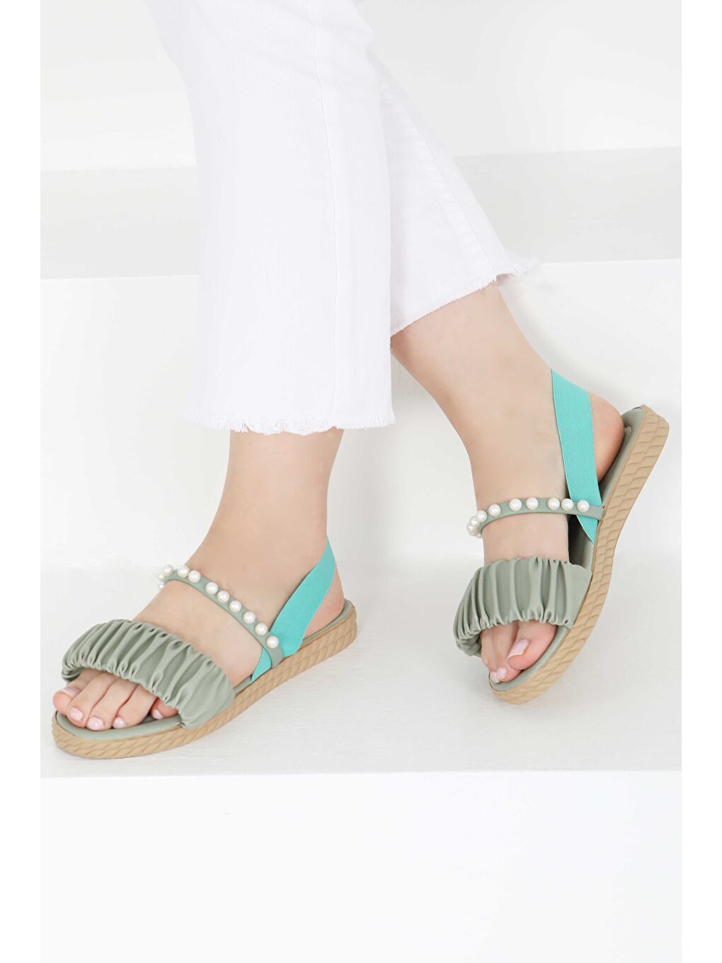 Yeşil Kadın Mint İncili Sandalet - 27404-1