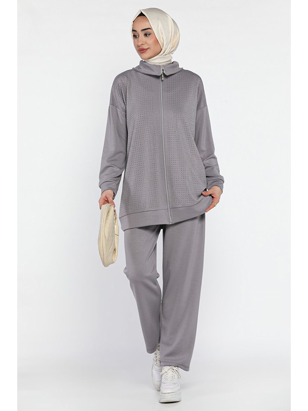 Gri Taş Detaylı Fermuarlı Büyük Beden Tesettür Hırka Pantolon İkili Takım-3