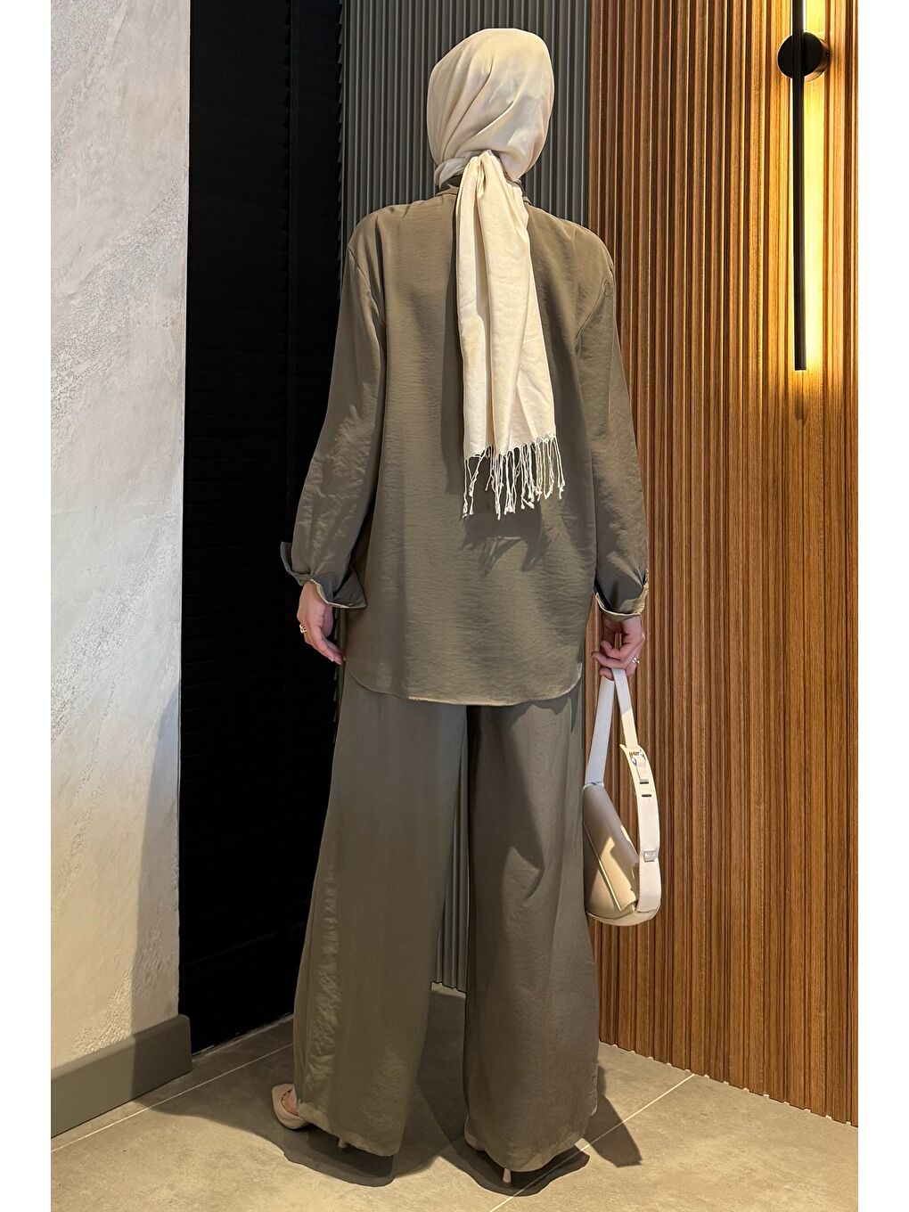 Haki Kadın Fiyonk Detaylı Tesettür Gömlek Pantolon İkili Takım-6