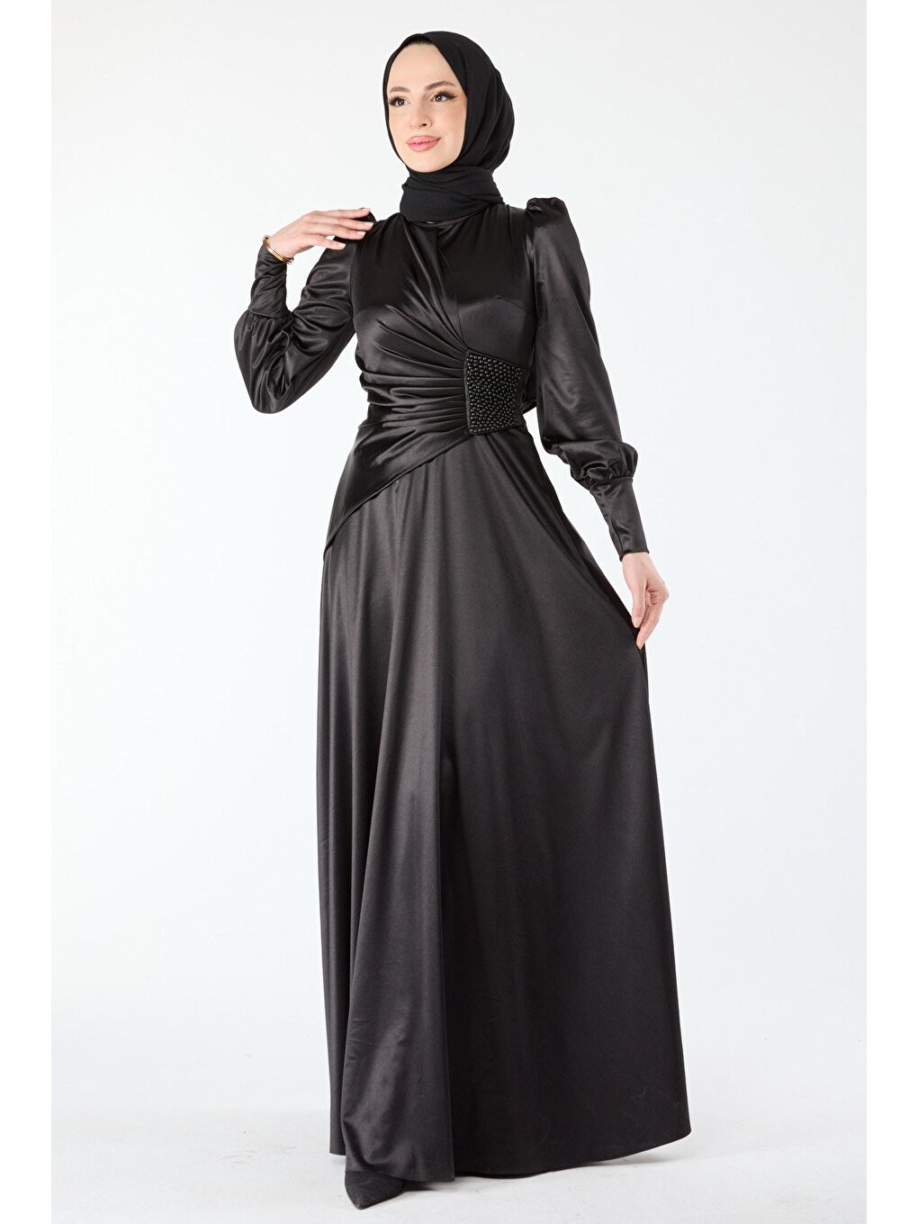Orta Kadın Siyah Beli Taş Detay Uzun Kol Saten Abiye Elibise - 24410-2