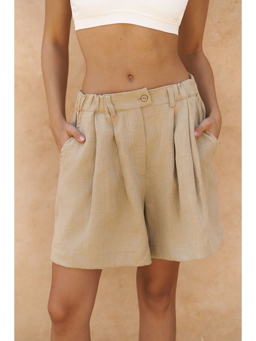 Gaelil Oversize Haki Keten Gömlek Şort Takım-3