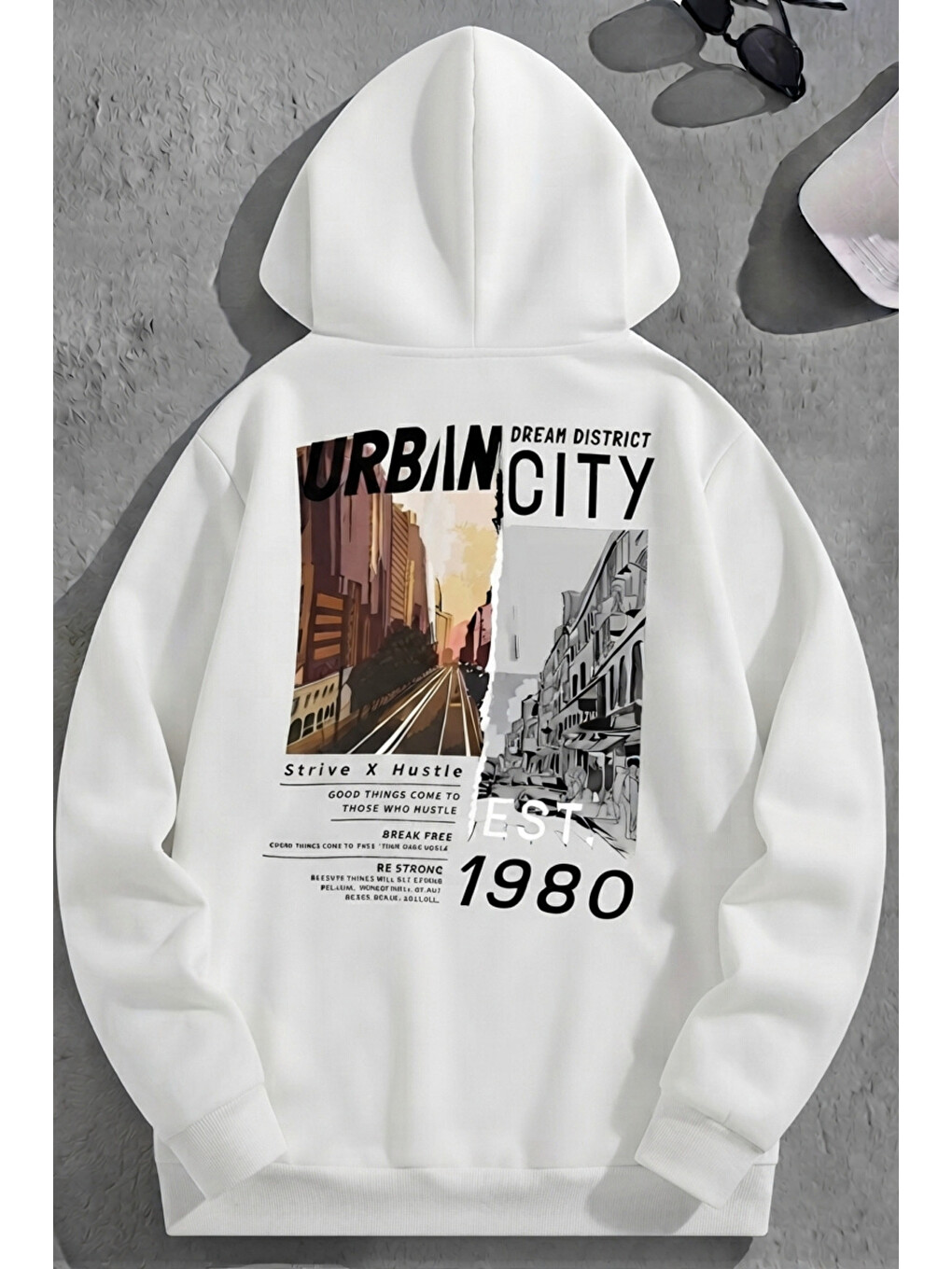 Unisex 3 İplik Pamuklu Beyaz Urbancity1980 Baskı Bol Kalıp Sweatshirt Hoodie