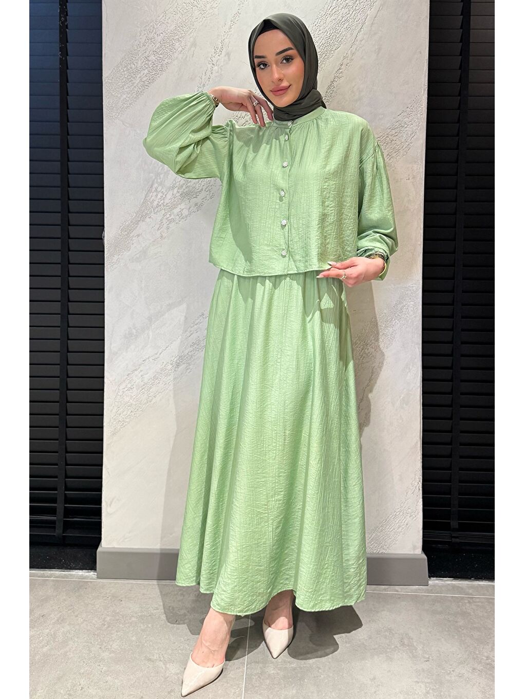 Yeşil Cep Detaylı Etek Gömlek Tesettür İkili Takım-1