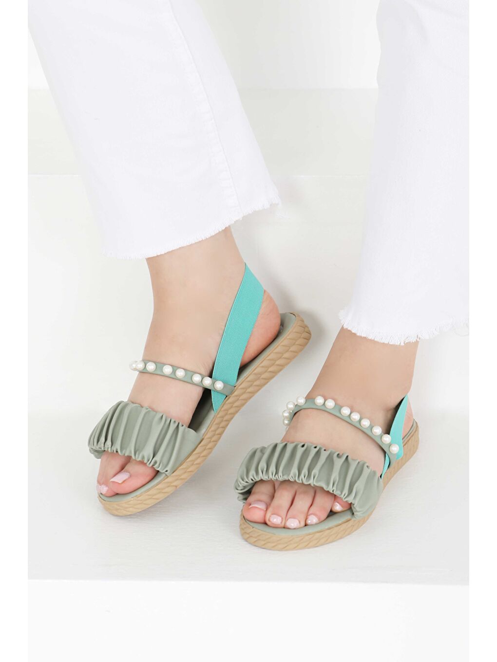 Yeşil Kadın Mint İncili Sandalet - 27404-2