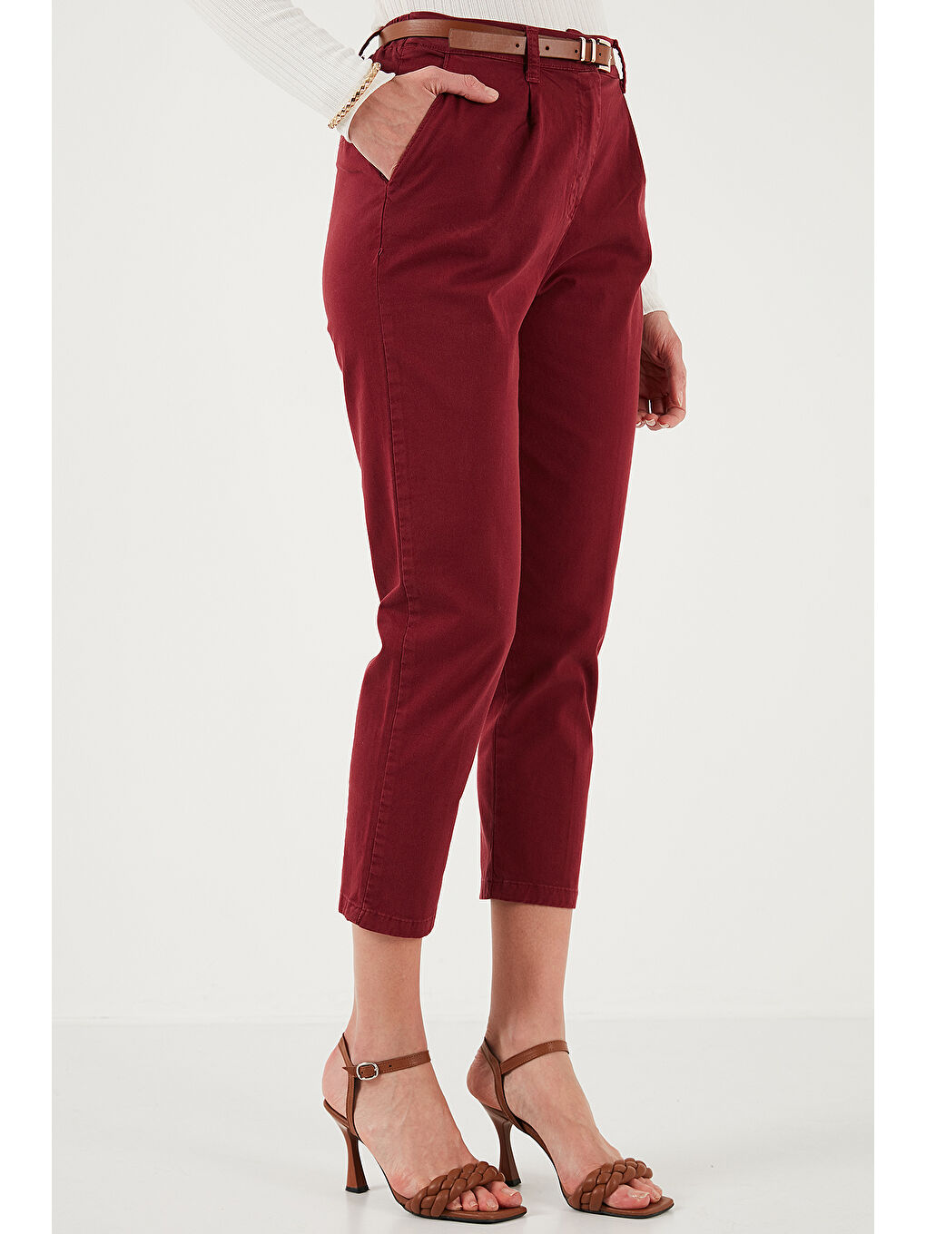 Bordo Streç Pamuklu Regular Fit Yüksek Bel Düz Kısa Paça Kemerli Pantolon 668Yp5335-2