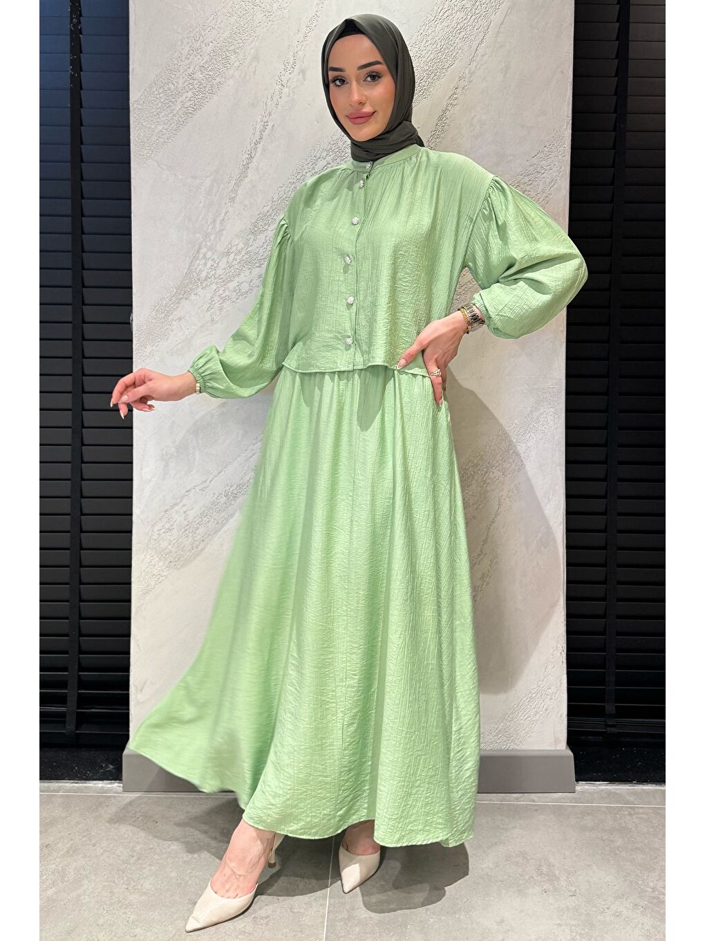 Yeşil Cep Detaylı Etek Gömlek Tesettür İkili Takım-3