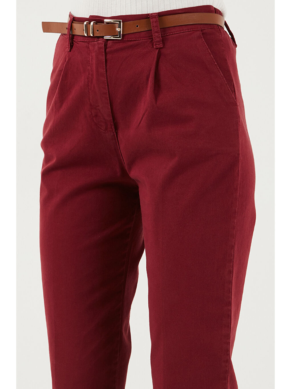 Bordo Streç Pamuklu Regular Fit Yüksek Bel Düz Kısa Paça Kemerli Pantolon 668Yp5335-4
